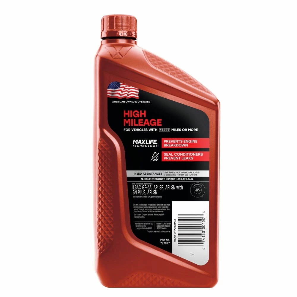 Valvoline High Mileage with MaxLife Technology SAE 10W-40 Synthetic Blend Motor Oil, 1 Quart - 797977 2 Valvoline High Mileage with MaxLife Technology SAE 10W-40 Synthetic Blend Motor Oil, 1 Quart - 797977 - Image 2