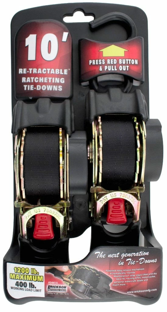 Erickson Mfg 1 in x 10 ft Retractable Ratchet Strap 1200 lb Capacity 2 Pack 34415 - Towing 1 Erickson Mfg 1 in x 10 ft Retractable Ratchet Strap 1200 lb Capacity 2 Pack 34415 - Towing