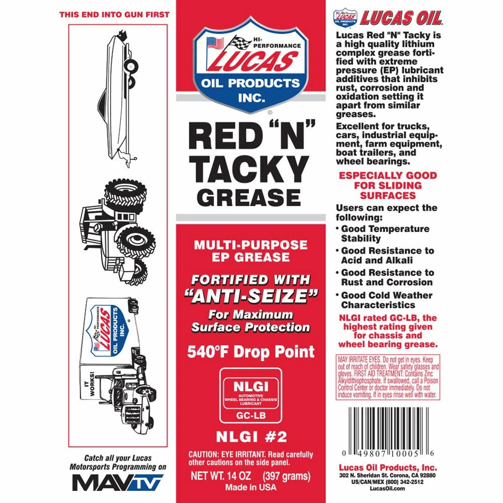 Lucas Oil Red "N" Tacky Grease, 14 oz. Cartridge - 10005-30 - Motor Oil 3 Lucas Oil Red "N" Tacky Grease, 14 oz. Cartridge - 10005-30 - Motor Oil - Image 3