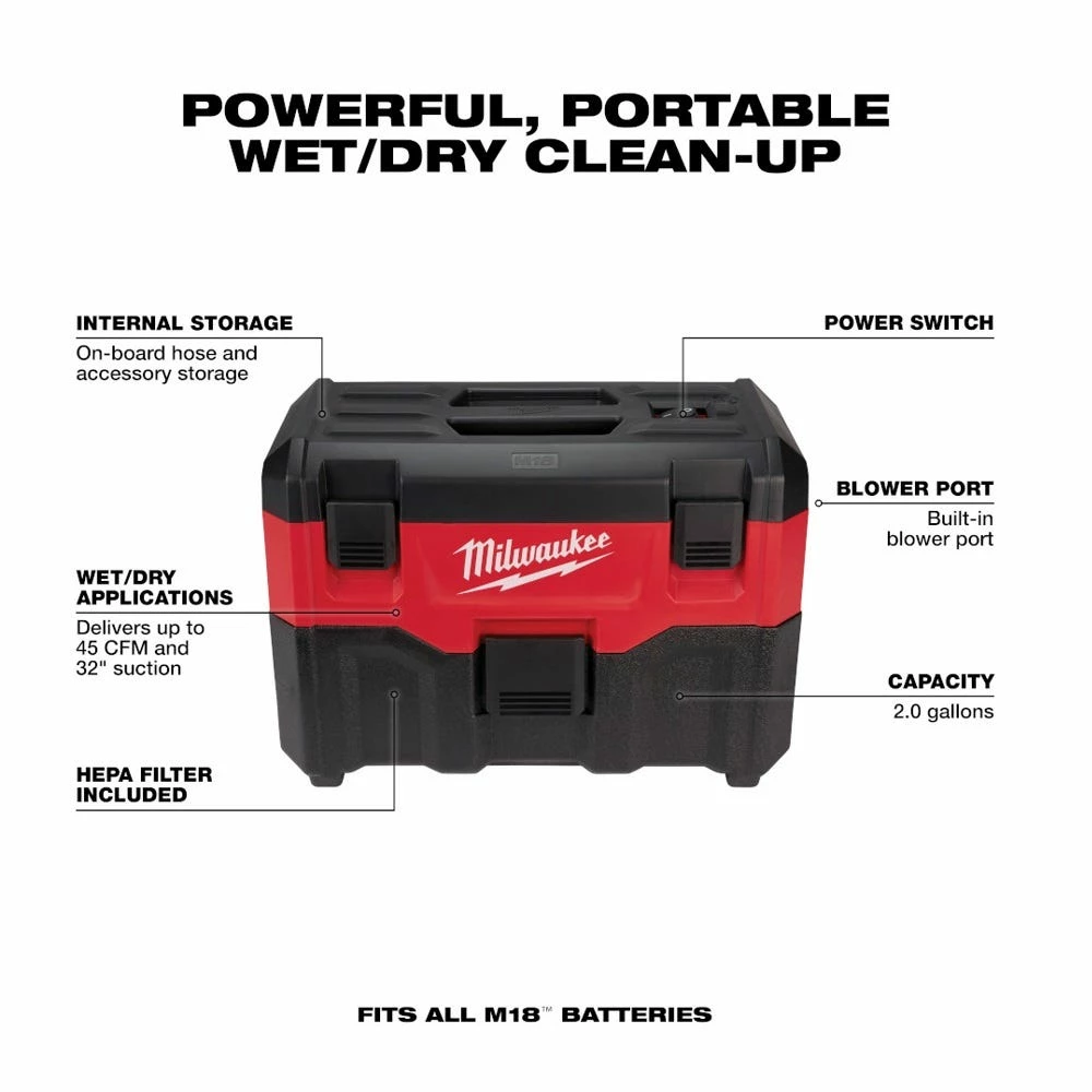 Milwaukee M18 18Volt Lithium Ion Cordless 2-Gallon Wet/Dry Vacuum Bare Tool Only - 0880-20 - Shop Vacuums 10 Milwaukee M18 18Volt Lithium Ion Cordless 2-Gallon Wet/Dry Vacuum Bare Tool Only - 0880-20 - Shop Vacuums - Image 10